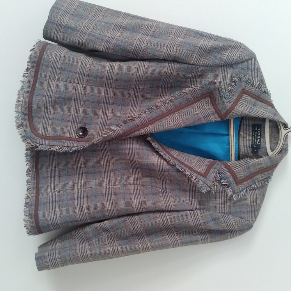 TRIBAL Plaid 3/4 Length Sleeve Blazer